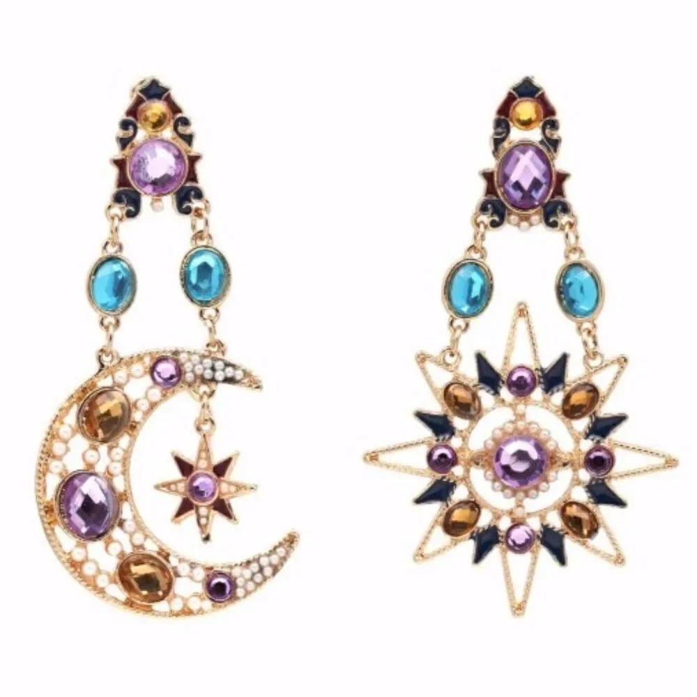 CRYSTAL PEARL CELESTIAL MOON AND SUN STAR DANGLE EARRINGS